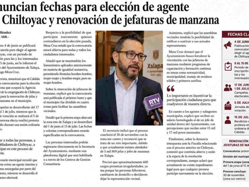 Publicarán el 4 de junio convocatoria para elegir agente municipal de Chiltoyac