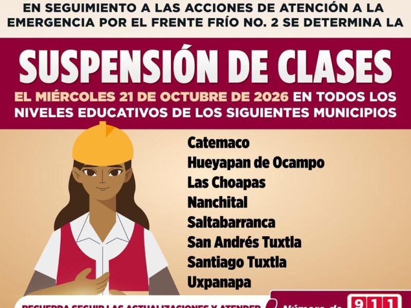 Continúa suspensión de clases en 8 municipios en el sur de Veracruz